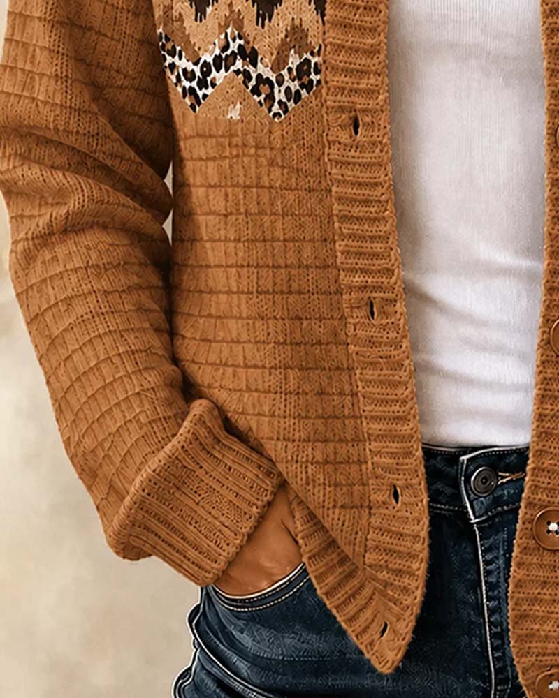 Strickjacke Geknöpft Leopard Wellig Streifen