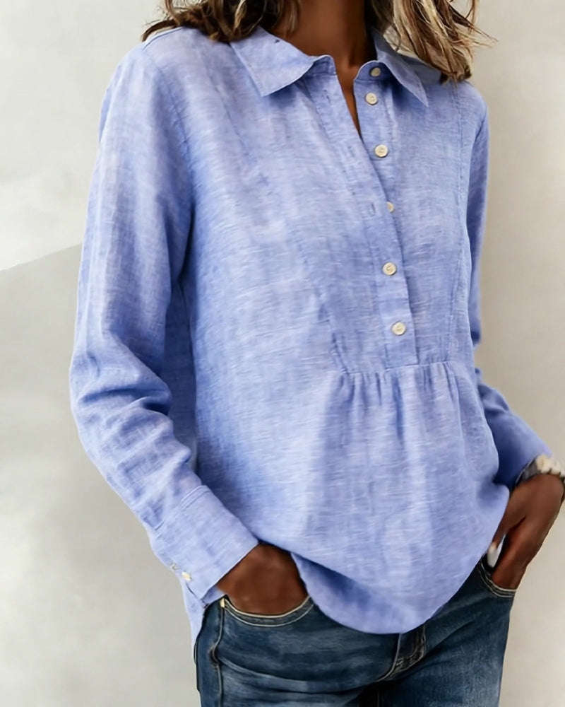 Bluse Geknöpft Revers Baumwolle Leinen