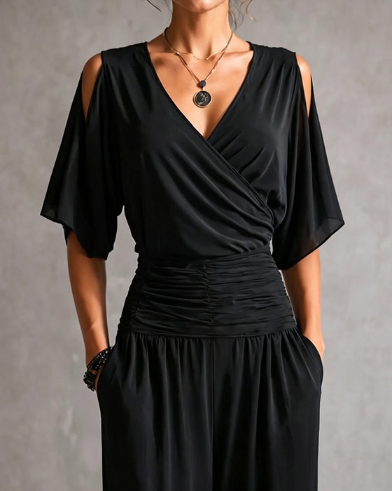 Jumpsuit V-Ausschnitt Crossover Kalte Schulter Taille Tasche