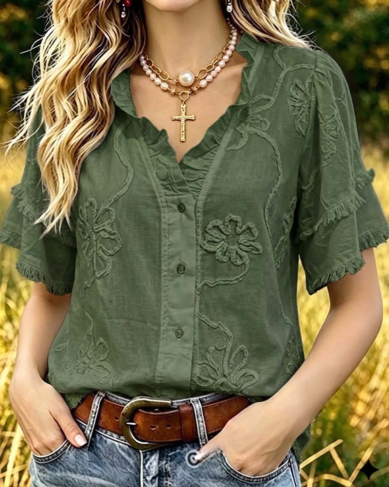 Bluse Fransensaum Puffärmel