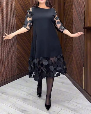 Kleid Mesh Stitching Modisch Runder Halsausschnitt