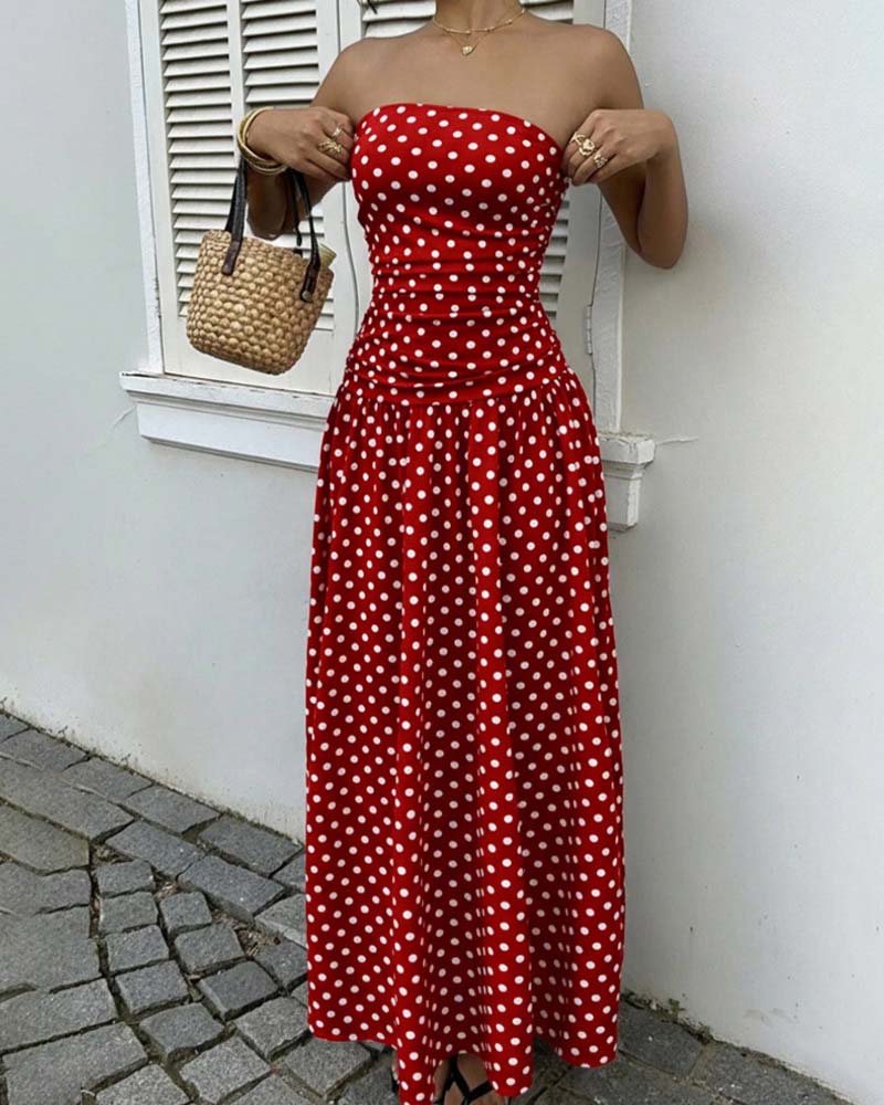 Kleid Tupfen Bandeau A-Linie Lang