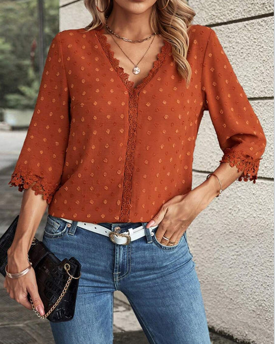 Bluse V-Ausschnitt Spitze Patchwork 3d Blume