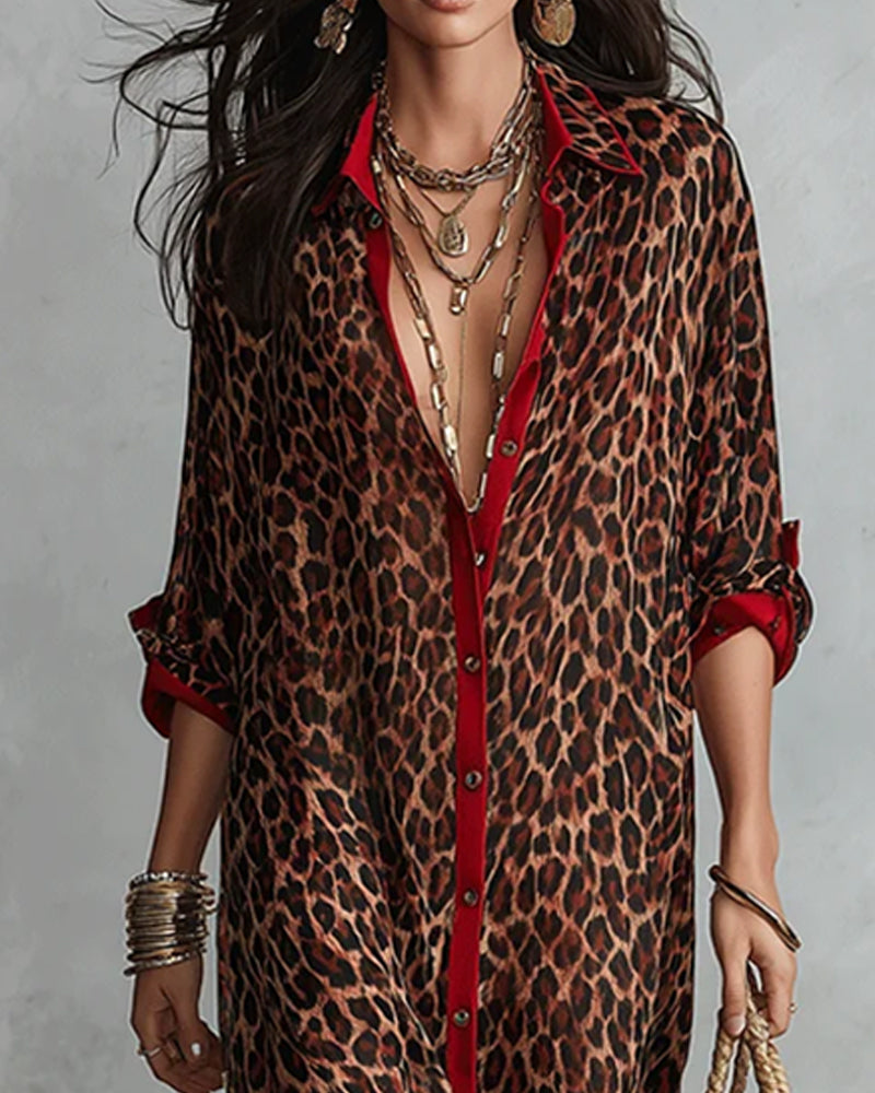 Kleid Revers Leopard Farbblock