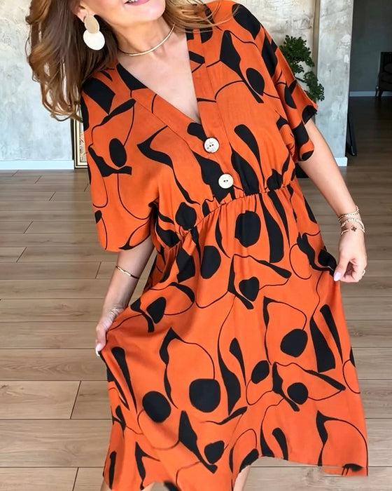 Kleid V-Ausschnitt Knopf Hohe Taille Ausgestellt