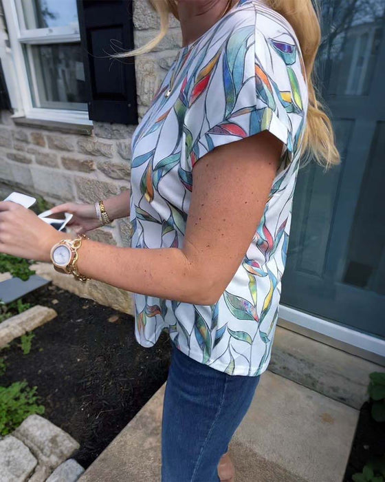 T-Shirt Rundhals Bunte Blätter Print