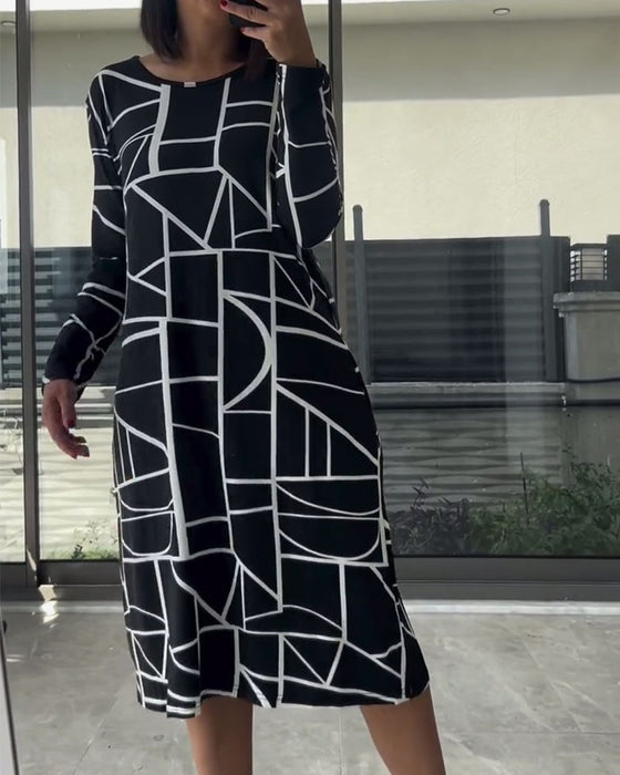 Lässiges Kleid mit Aufdruck, lange Ärmel, Rundhalsausschnitt