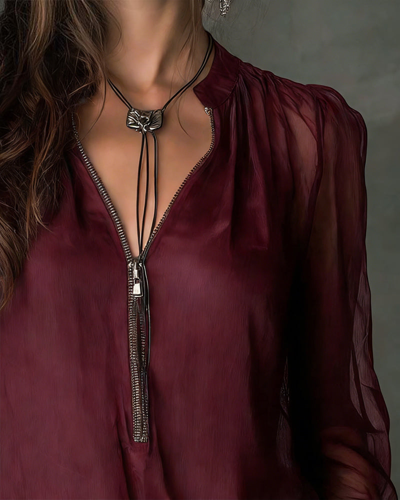 Bluse Halb-Reißverschluss Netz Langärmlig