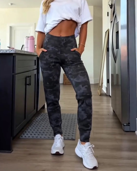 Hose Hohe Taille Tasche Unifarben Lang