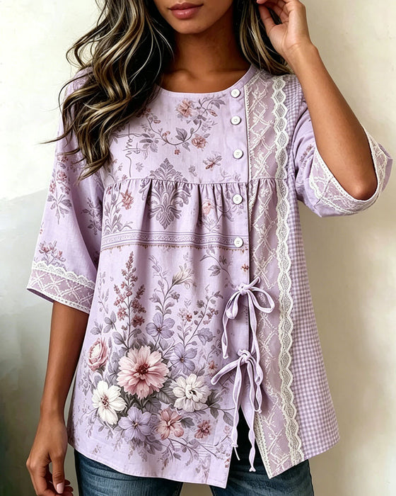 Bluse Retro Blumenprint Lässig