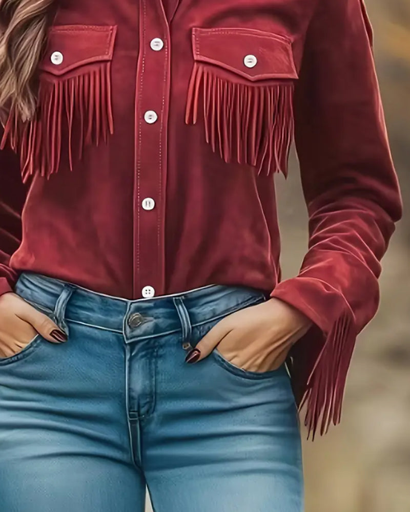 Hemd Mit Lapel-Kragen, Fransen-Tasche Detail Und Modischer Schnitt