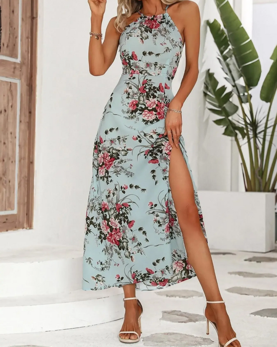 Kleid Halterneck Schlitz Tailliert Blumenmuster