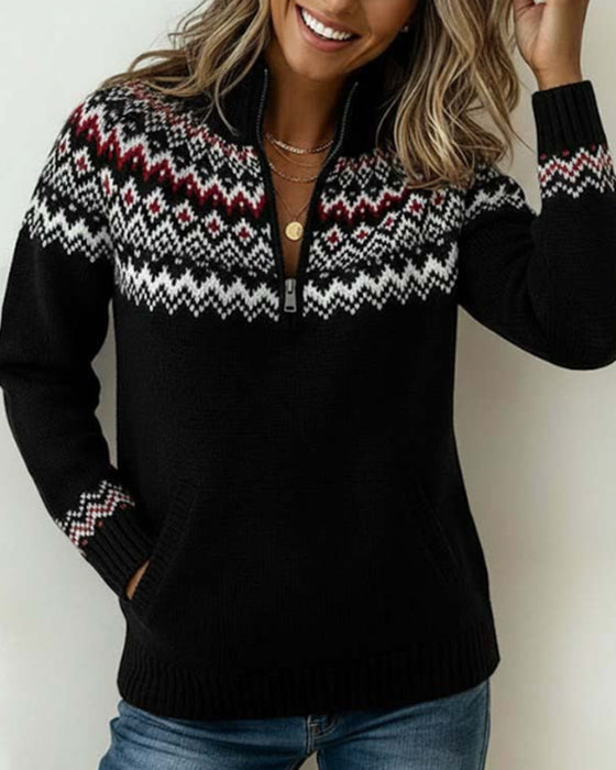 Pullover Vintage Halbreißverschluss Kragen