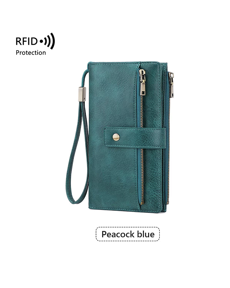 Damen-Langbörse, stilvolle Clutch, elegante einfarbige Lederbörse mit RFID-Schutz👛
