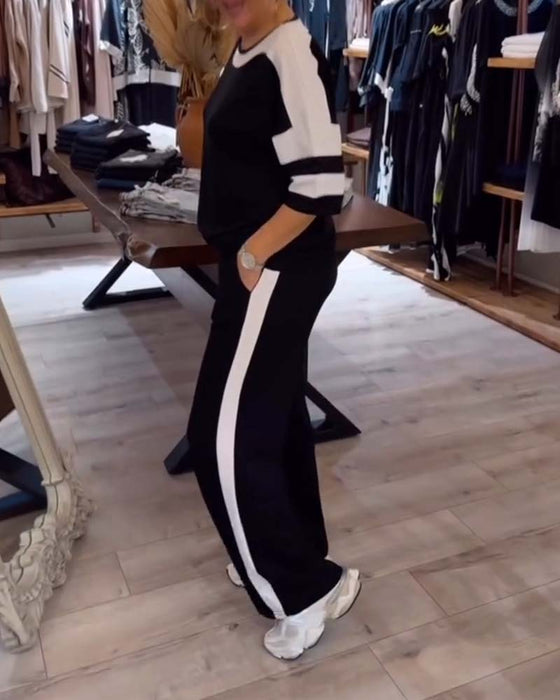 Set kurzärmlig Kontrastfarbe lässige gerade Hose