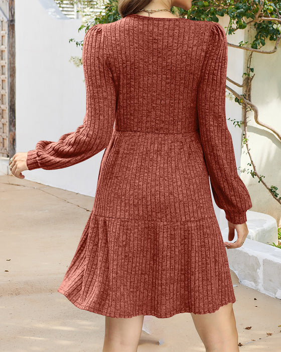 🍂2025 Herbst Neue Kollektion⏰ Damenkleid mit Quadrat-Ausschnitt, Laternenärmeln und Rippstruktur