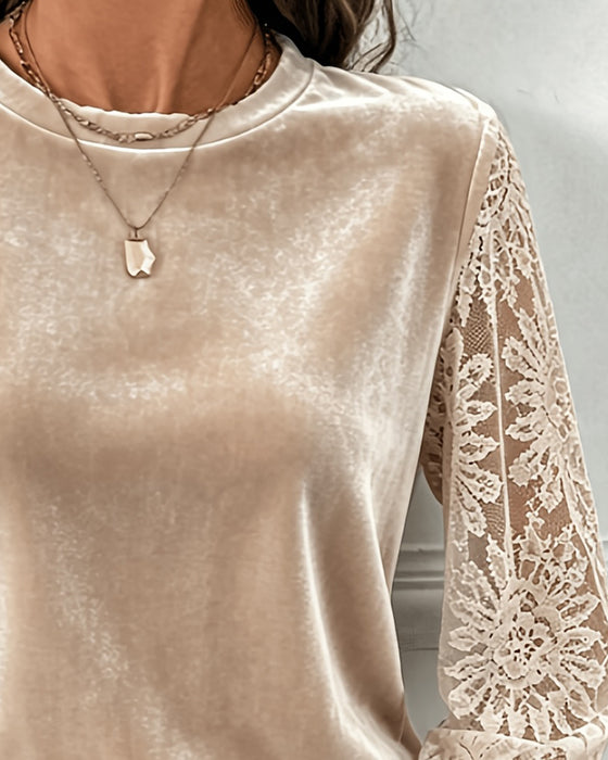 Bluse Rundhals Spitze Knopf Einfarbig