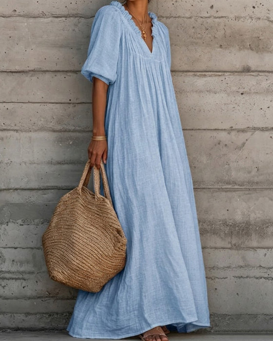 Kleid Rein Weiß Blasenärmel Voll Rock Maxi