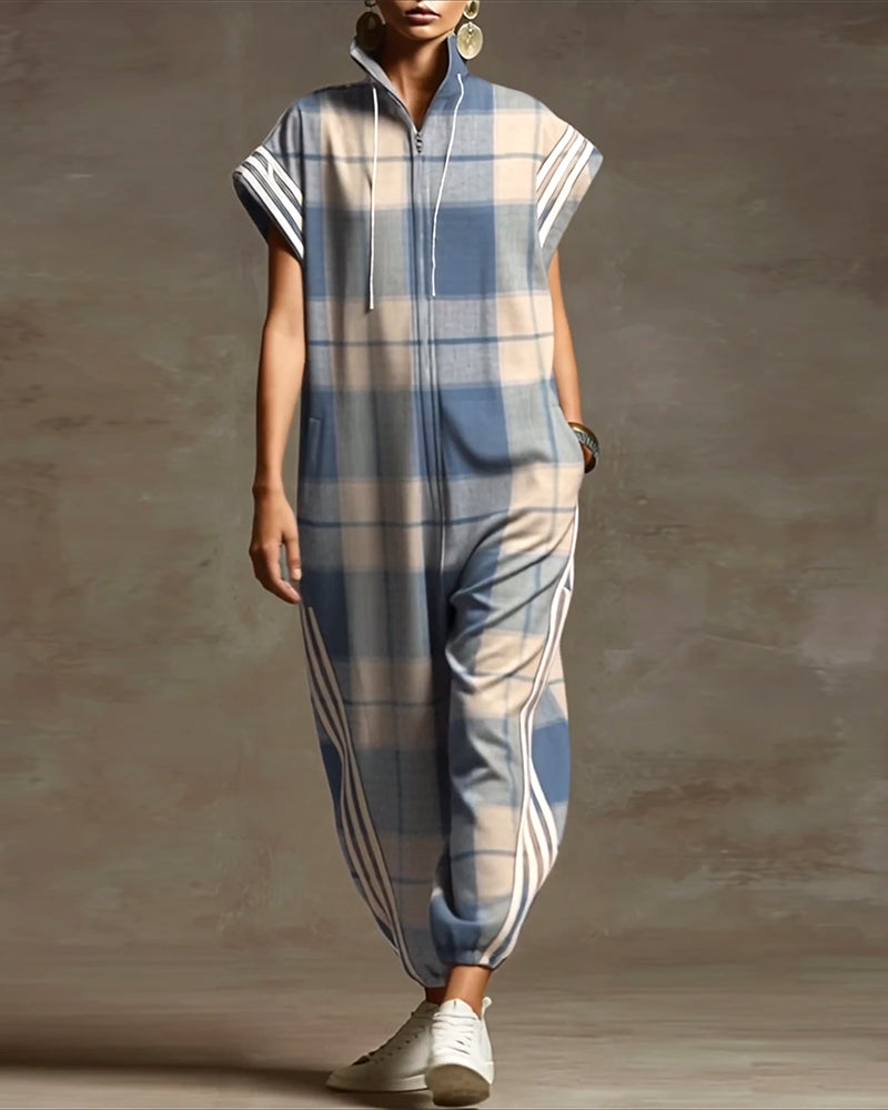 Overall Karo Stehkragen Reißverschluss Locker