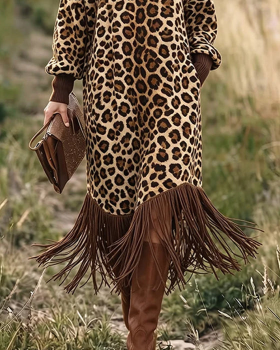 Kleid Leopardenmuster Fransenlaterne Ärmel