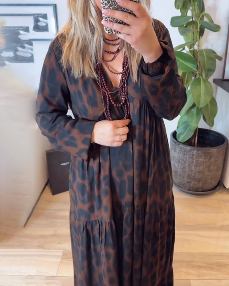 Kleid V-Ausschnitt Leopardenmuster Mode Maxi