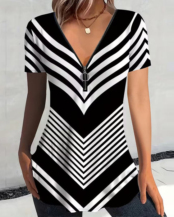 T-Shirt Reißverschluss V-Ausschnitt Gestreift