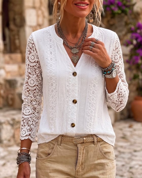 Bluse V-Ausschnitt Spitze Knopf Einfarbig