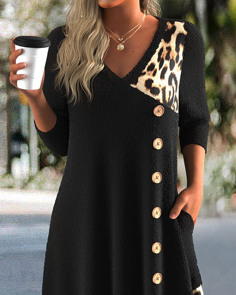 Kleid V-Ausschnitt Leopard Kreuz Patchwork