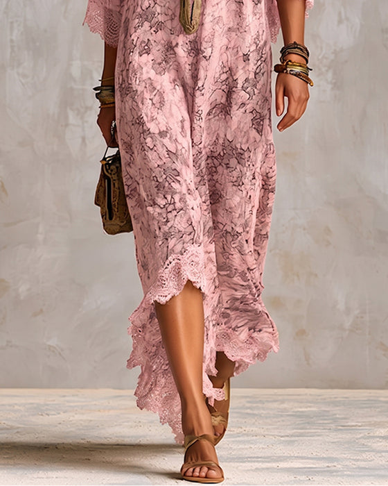 Kleid V-Ausschnitt Spitze Patchwork Asymmetrisch