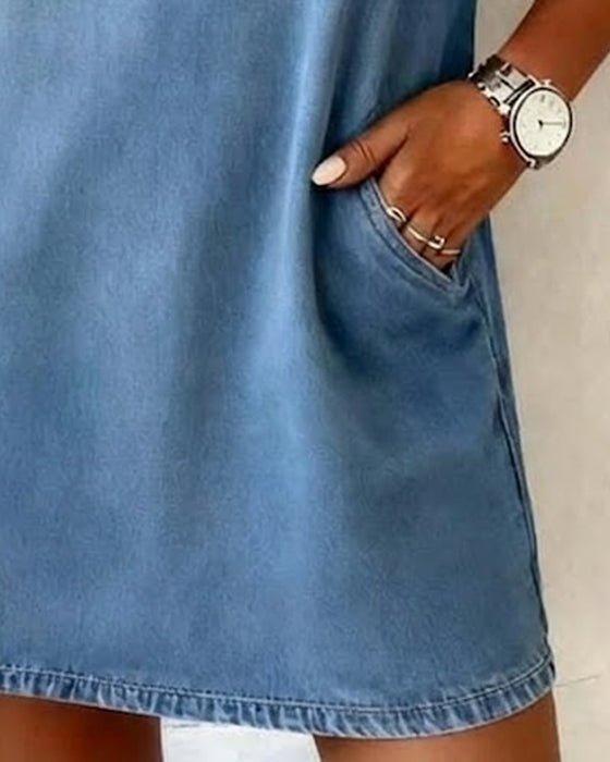 Kleid Denim V-Ausschnitt Kurzärmelig Shift
