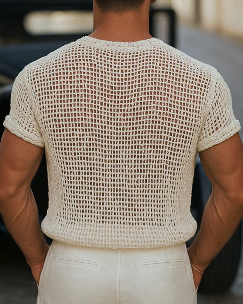 Herren T-Shirt Knopf Kleiner V-Ausschnitt Kurzarm