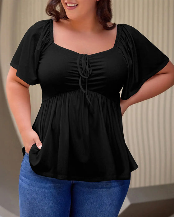 T-Shirt large size square neck bubble sleeve