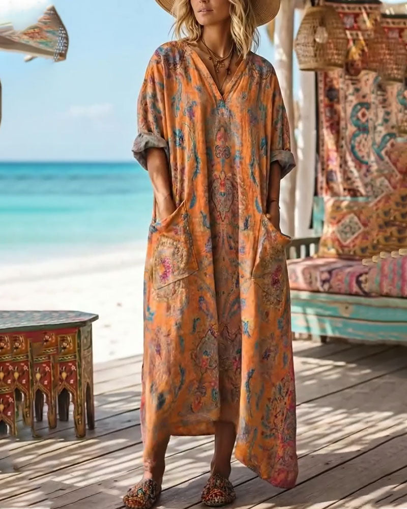 Kleid Retro Blumendruck V-Ausschnitt Maxi