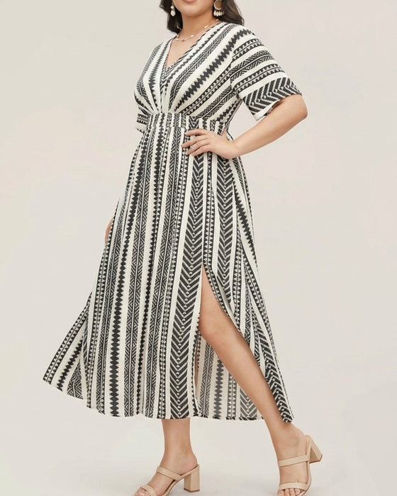 Kleid Tief V Blau Weiß Geometrischer Streifen Taille