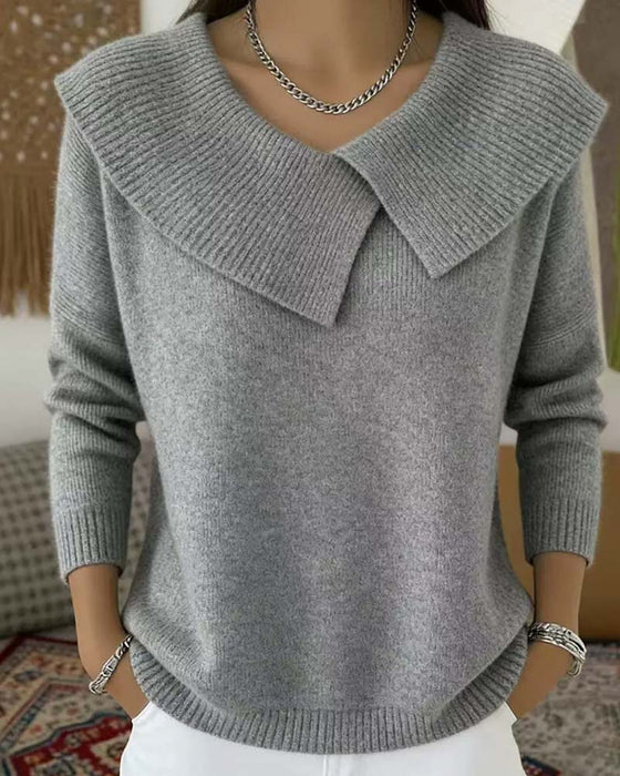 Pullover Revers Einfarbig Langarm