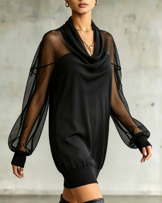 Kleid Cowl-Neck Langarm Mesh
