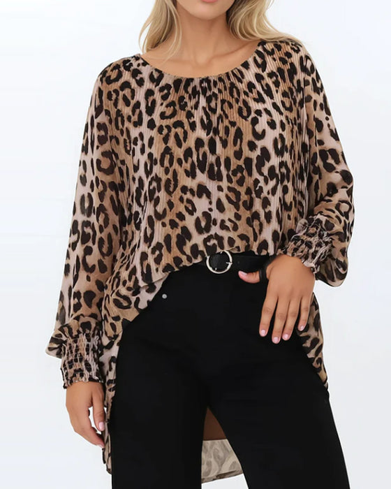 Bluse Rundhals Leopard Unregelmäßig Laterne Ärmel