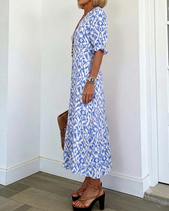 Kleid V-Ausschnitt Halblanger Ärmel Rüsche A-Linie
