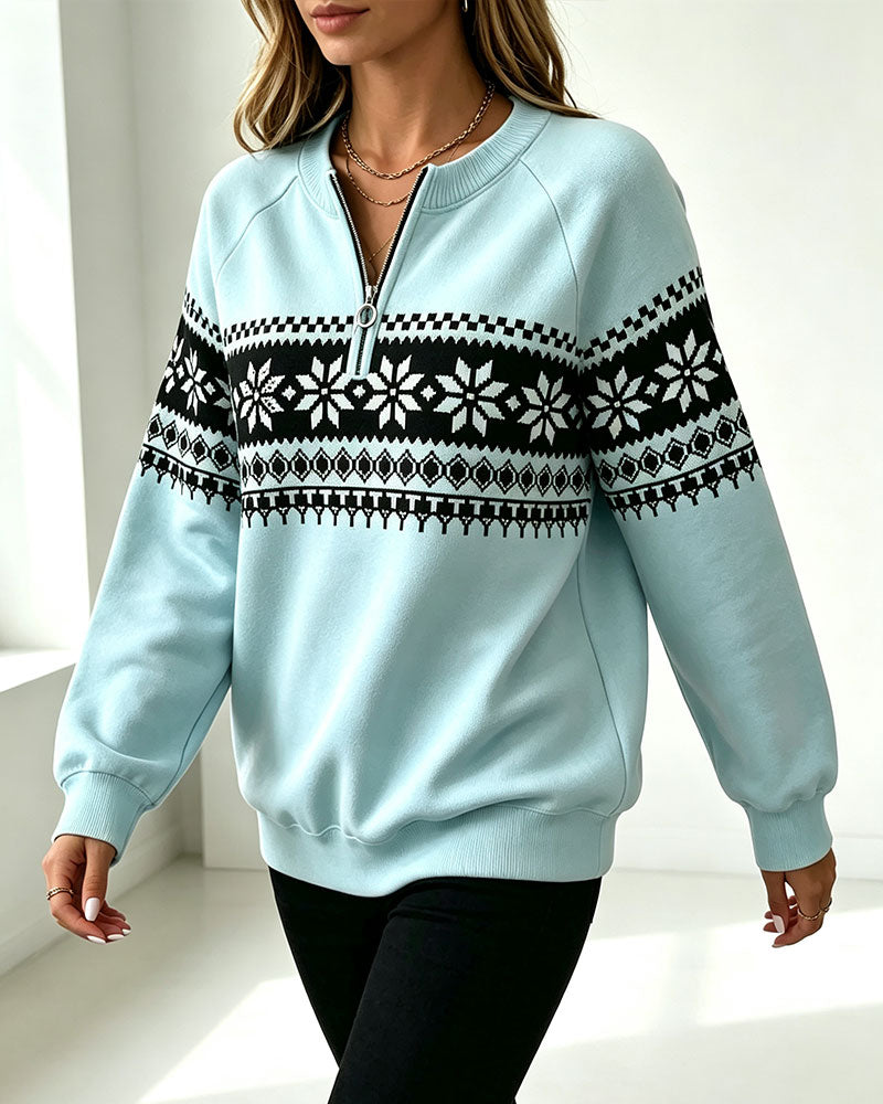 Sweatshirt Schneeflocke Bedruckt Halb-Zip
