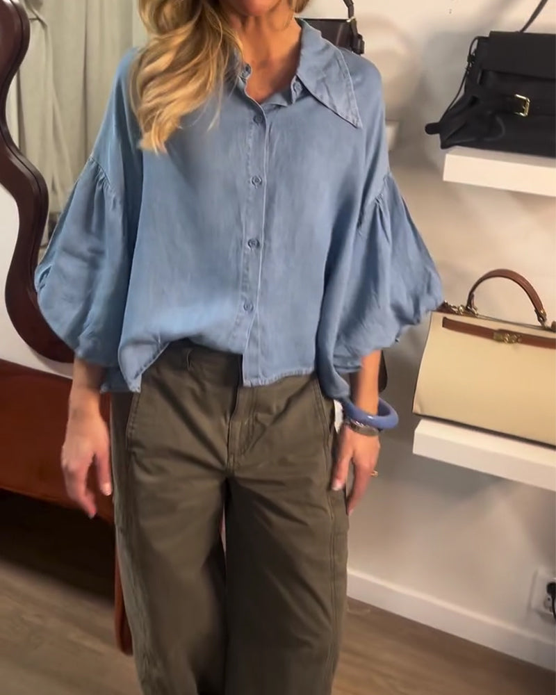 Bluse Puff Ärmel Kurz Kragen