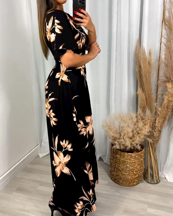 Kleid V-Ausschnitt Blumendruck Taille