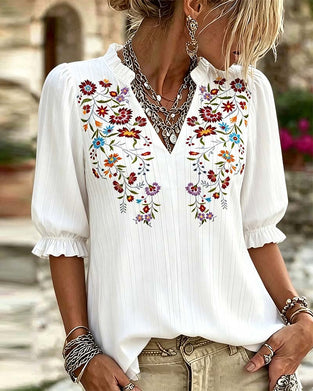 Bluse Rüsche Besatz Print Lässig