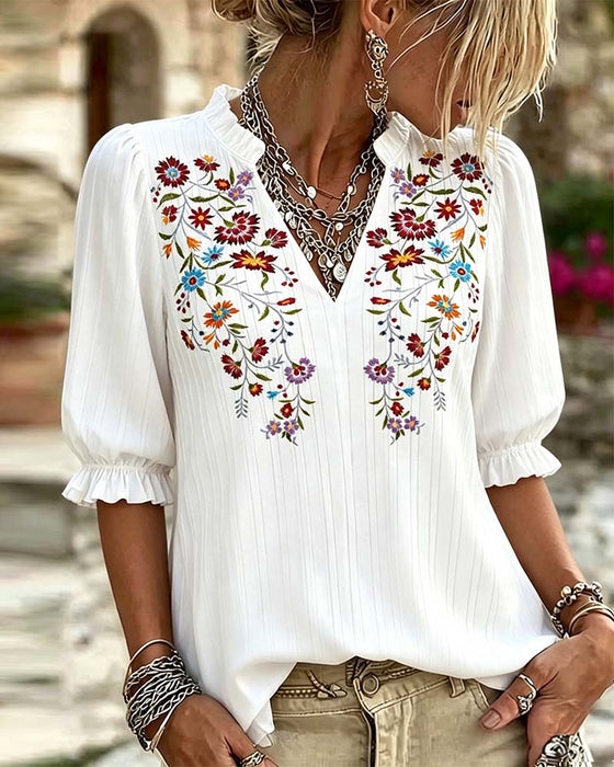 Bluse Rüsche Besatz Print Lässig