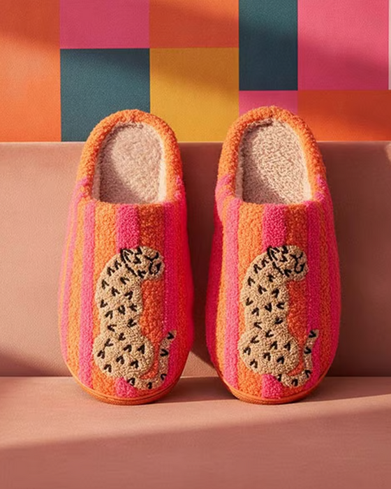 Dames Retro Gestreept & Luipaard Pluizige Pantoffels