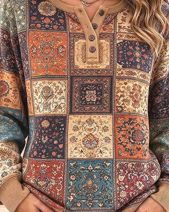 Sweatshirt Rundhals Geknöpft Karomuster Kontrast