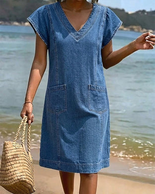 Kleid V-Ausschnitt Einfarbig Kurzarm Etuikleid