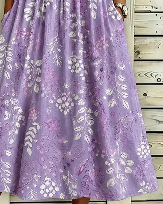 Kleid Rundhals Blatt Druck Figurbetonte Taille