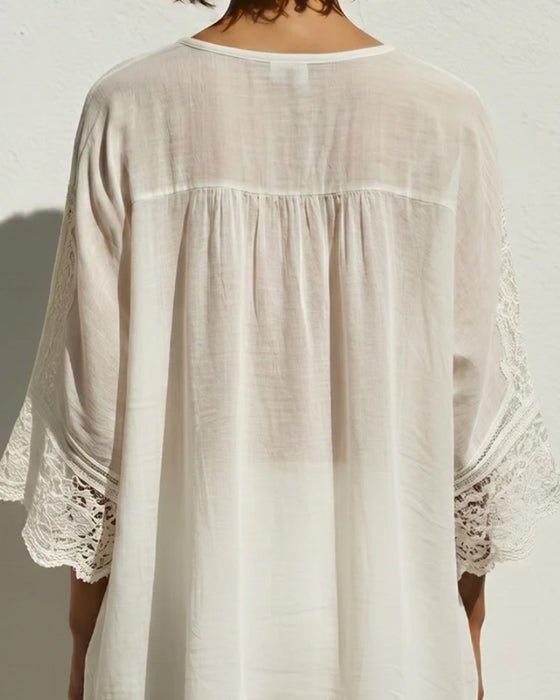Einfarbige Spitzen-V-Ausschnitt-Bluse