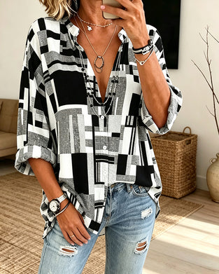 Bluse Geometrischer Druck V-Ausschnitt Locker