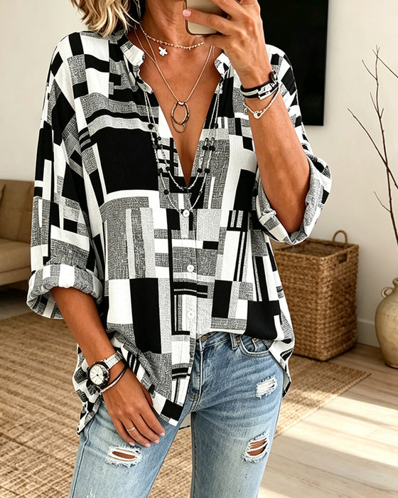 Bluse Geometrischer Druck V-Ausschnitt Locker